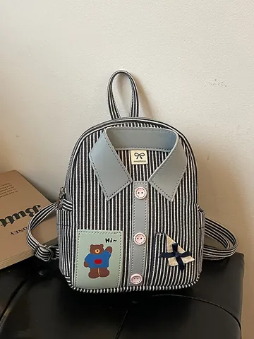 Mini Sac à Dos Créatif Femmes Design Chemise Carreaux Rayé Sac en Toile Petit Cartable Style Preppy Avec Décor Ours de Dessin Animé