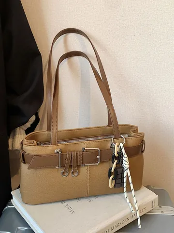 Women Vintage Canvas PU Patchwork Boston Bag Underarm Shoulder Bag With Belt Buckle Pendant Urban Simple Daily Tote Bag