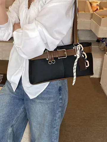Women Vintage Canvas PU Patchwork Boston Bag Underarm Shoulder Bag With Belt Buckle Pendant Urban Simple Daily Tote Bag