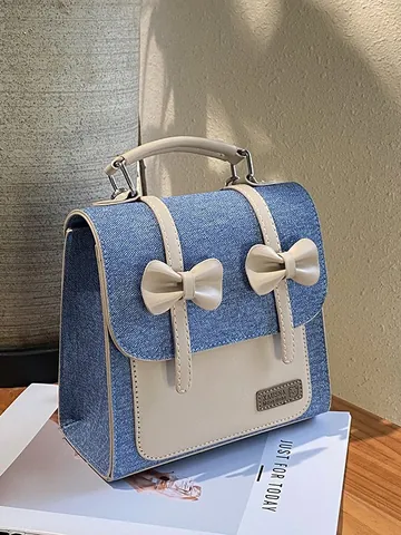 Vintage Denim Splicing PU Leather Backpack For Women Bowtie Decor Casual Tote Shoulder Bag Versatile Daily School Bag