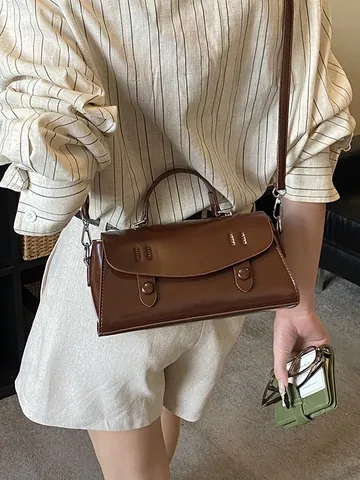 Bolso Baguette de Cuero PU Vintage Para Mujer Minimalista Color Sólido Bolso de Hombro Cruzado Con Correa Ajustable y Asa