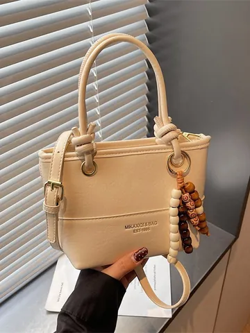 Vintage Maillard PU Leather Bucket Bag For Women Retro Crossbody Handbag With Wood Bead Charm Daily Casual Shoulder Bag