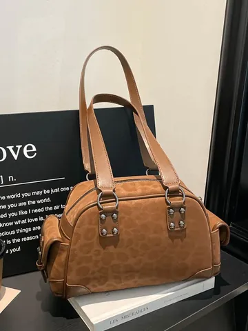 Vintage Leopard Print PU Leather Tote Bag For Women Rivet Decor Commute Underarm Bag Fashion Trendy Shoulder Bag Handbag