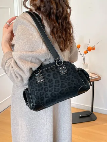 Vintage Leopard Print PU Leather Tote Bag For Women Rivet Decor Commute Underarm Bag Fashion Trendy Shoulder Bag Handbag