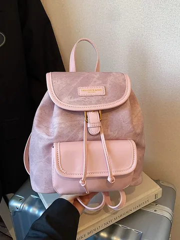 Women Retro PU Leather Backpack Fashion Stitching Small Rucksack With Plush Pendant Casual Travel School Shoulder Bag