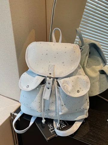 Mochila de Moda para Mujer con Estampado de Estrellas de Lona con Cordón Bolsa Escolar Multibolsillo Casual Moderna