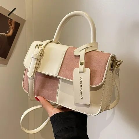 Korean Style Patchwork PU Leather Suede Denim Crossbody Bag For Women Retro Color Block Handheld Small Square Satchel Top Handle Bag With Adjustable Strap Daily Versatile Bag