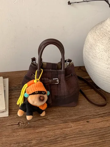Women Fashion Woven Fabric PU Leather Crossbody Bag Retro Simple Small Square Top Handle Handbag With Plush Puppy Charm