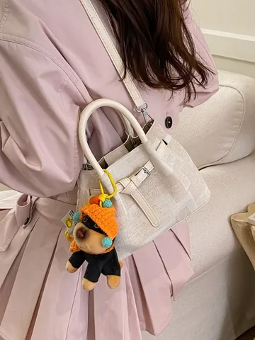 Women Fashion Woven Fabric PU Leather Crossbody Bag Retro Simple Small Square Top Handle Handbag With Plush Puppy Charm