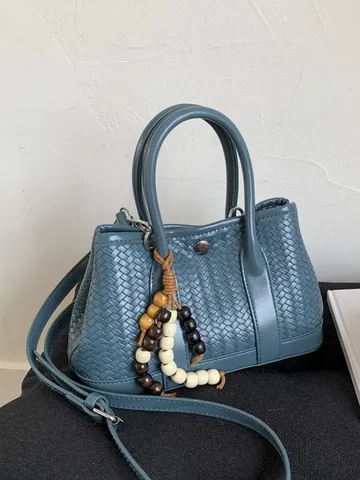Vrouwen Geweven Textuur PU Leer Vierkante Handtas Vintage Crossbody Schoudertas Met Houten Kralen Hanger Elegante Dagelijkse Mode Tote Bag