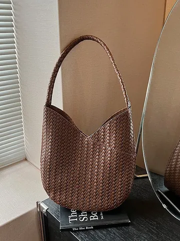 Vintage Geflochtene PU Leder Eimertasche Für Damen Große Kapazität Hobo Schultertasche Einfarbig Geflochtene Handtasche Casual Alltagstasche