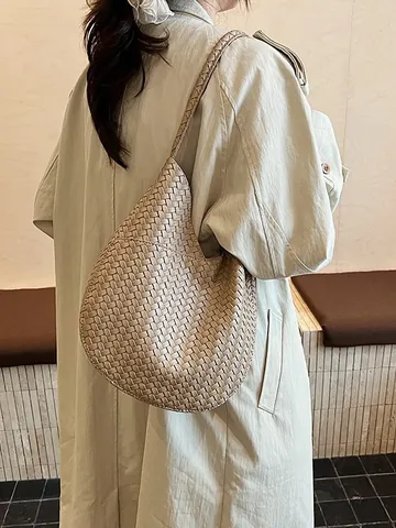 Vintage Geflochtene PU Leder Eimertasche Für Damen Große Kapazität Hobo Schultertasche Einfarbig Geflochtene Handtasche Casual Alltagstasche