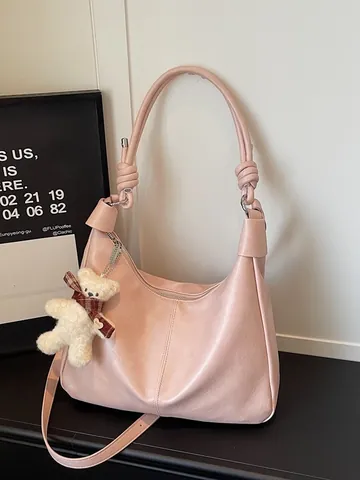 Women's Soft PU Leather Hobo Tote Bag Minimalist Casual Shoulder Bag With Knotted Handle And Bear Pendant For Commuting