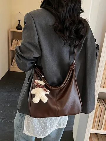 Women's Soft PU Leather Hobo Tote Bag Minimalist Casual Shoulder Bag With Knotted Handle And Bear Pendant For Commuting