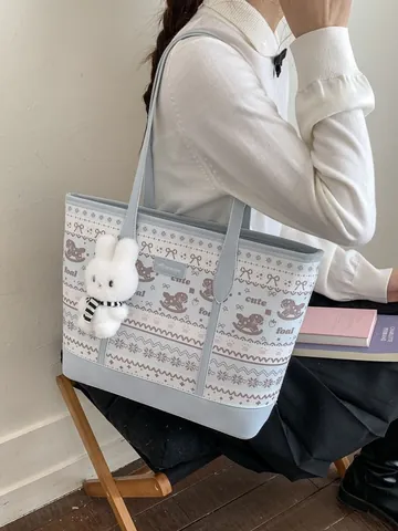 Borsa Tote in Stile Giapponese in Pelle PU per Donna con Stampa Cavallo a Dondolo Fiocco Borsa a Spalla con Ciondolo Coniglio Peluche