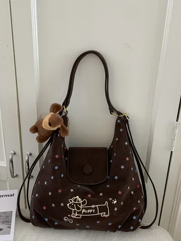 Women Vintage PU Leather Tote Bag Colorful Star Print Cartoon Puppy Embroidery Casual Shoulder Bag Large Capacity Handbag