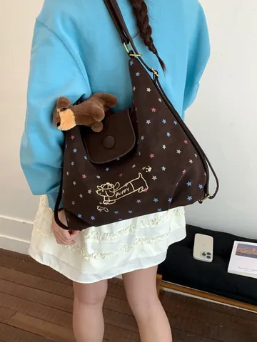 Women Vintage PU Leather Tote Bag Colorful Star Print Cartoon Puppy Embroidery Casual Shoulder Bag Large Capacity Handbag