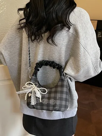 Women Sweet Checkered Crossbody Bag With Pleated Handle Lace Artificial Pearl Charm PU Leather Lattice Half Moon Handbag Chain Shoulder Bag
