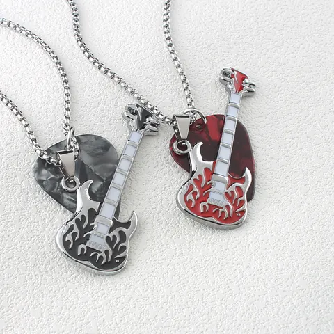 Stainless Steel Chain Alloy Guitar Pendant Necklace With Marble Texture Pick Flame Design Rock Punk Music Jewelry For Men Women