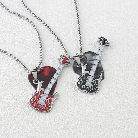 Stainless Steel Chain Alloy Guitar Pendant Necklace With Marble Texture Pick Flame Design Rock Punk Music Jewelry For Men Women