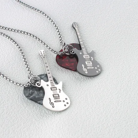Rock Punk Stainless Steel Guitar Pendant Necklace With Marble Pattern Pick Music Note Jewelry For Men Women Gift