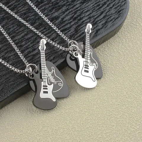 Stainless Steel Rock Music Guitar And Pick Pendant Necklace Hip Hop Streetwear Jewelry For Men Women Music Lovers Gift