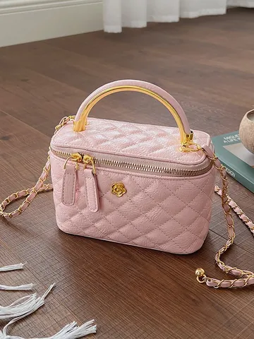 Borsa Box Donna in Pelle PU a Reticolo Trapuntato Vintage Decorazione Floreale Manico in Metallo Catena Tracolla Borsa Elegante