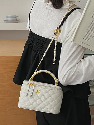 Borsa Box Donna in Pelle PU a Reticolo Trapuntato Vintage Decorazione Floreale Manico in Metallo Catena Tracolla Borsa Elegante