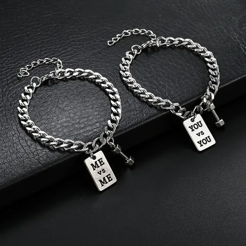 Dumbbell Pendant Bracelet Titanium Steel Cuban Link Chain Alloy Inspirational Quote Tag Hip Hop Fitness Jewelry For Men