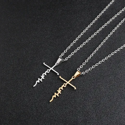 Herren Edelstahl Faith Buchstabe Kreuz Anhänger Halskette Gold Silber Hip Hop Trendig Religiös Glaube Kreuz Lange Kette Schmuck