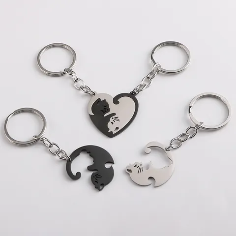 Stainless Steel Cat Couple Keychain Black White Gold Splicing Heart Puzzle Key Ring Bag Pendant Fashion Jewelry Gift