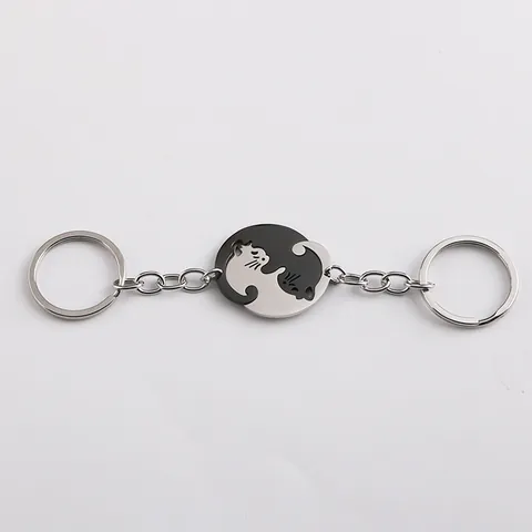 Stainless Steel Cat Couple Keychain Black White Gold Splicing Heart Puzzle Key Ring Bag Pendant Fashion Jewelry Gift