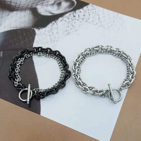 Vintage Punk Doppellagiges Edelstahl Gliederkettenarmband Für Herren Damen OT Knebelverschluss Schwarz Silber Mode Schmuck