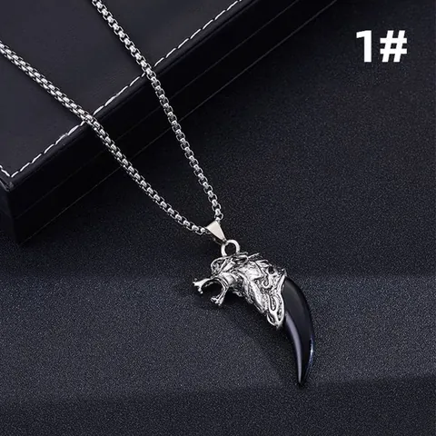 Vintage Legierung Harz Wolf Zahn Tiger Kopf Anhänger Halskette Punk Ethno Totem Herren Schmuck Lange Kette Geschenk
