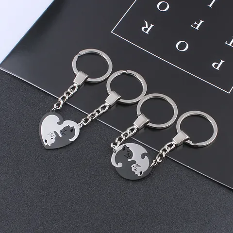 Portachiavi con Gatto in Acciaio Inossidabile Ciondolo a Incastro Cuore Rotondo Yin Yang Portachiavi per Coppie Amici Regalo Accessori