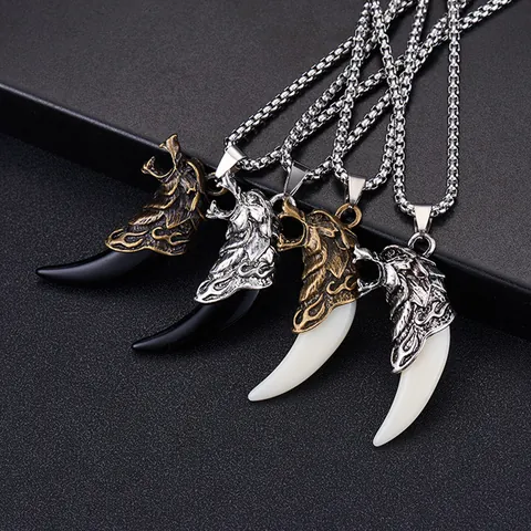 Vintage Legierung Harz Wolf Zahn Tiger Kopf Anhänger Halskette Punk Ethno Totem Herren Schmuck Lange Kette Geschenk