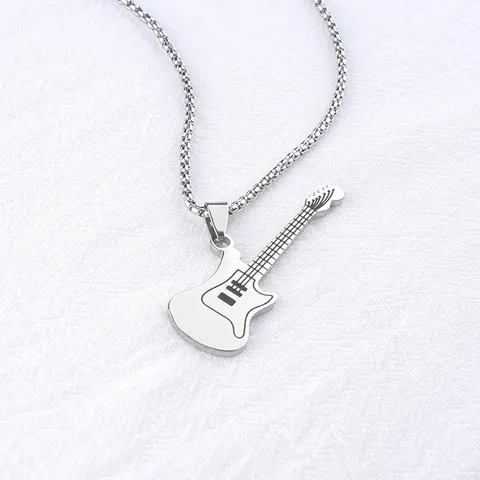 Polished Stainless Steel Electric Guitar Pendant Necklace For Men Women Hip Hop Rock Music Jewelry Box Chain Accessory