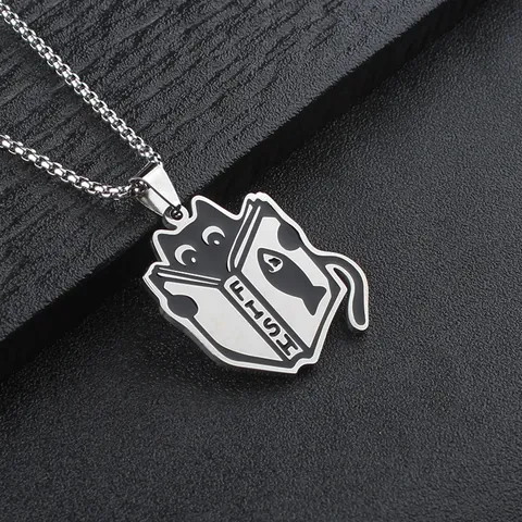 Edelstahl Cartoon Schwarze Katze Anhänger Halskette Emaille Tier Fisch Muster Venezianerkette Damen Schmuck Geschenk