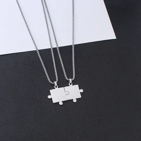 Minimalistische Edelstahl Puzzleteil Anhänger Halskette Für Paare Herren Damen Poliert Silber Ton Geometrischer Schmuck
