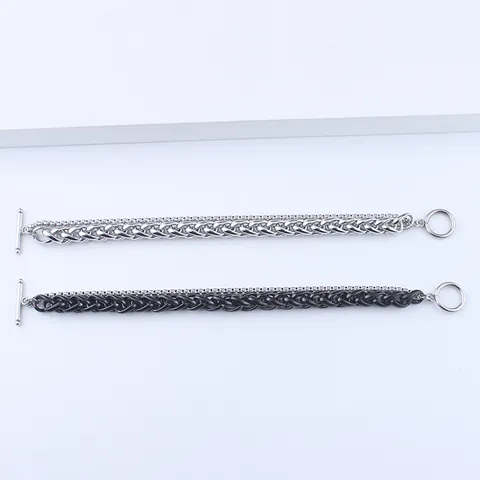 Herren Edelstahl Doppelschichtig Kielkette Armband Hip Hop Schmuck Mit Knebelverschluss Schwarz Silber Handkette