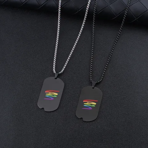 Stainless Steel Rainbow Dog Tag Pendant Necklace Men Women Matte Black Geometric Pride Jewelry Gift Long Box Chain Ball Chain
