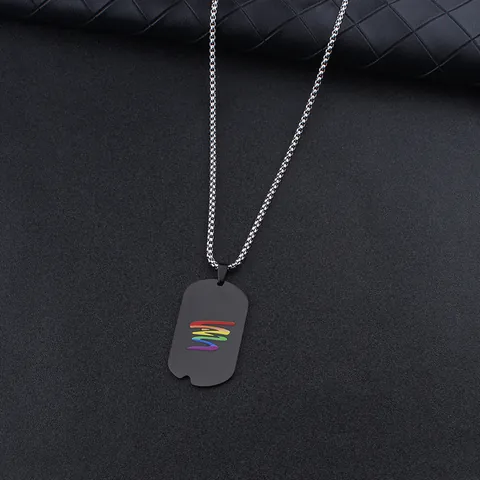 Stainless Steel Rainbow Dog Tag Pendant Necklace Men Women Matte Black Geometric Pride Jewelry Gift Long Box Chain Ball Chain