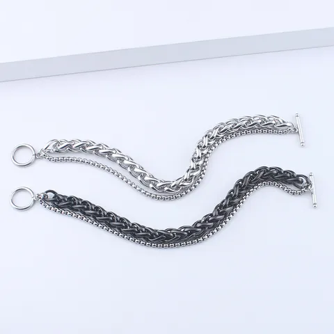 Herren Edelstahl Doppelschichtig Kielkette Armband Hip Hop Schmuck Mit Knebelverschluss Schwarz Silber Handkette