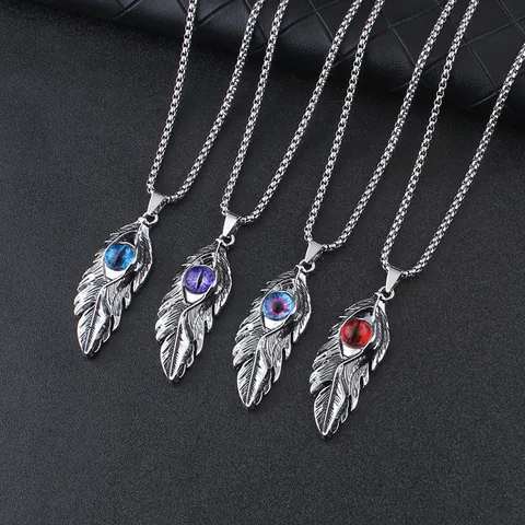 Edelstahl Feder Böses Auge Anhänger Halskette Für Herren Damen Retro Hip Hop Gothic Schmuck Lange Veneziakette Antiksilber Halsketten