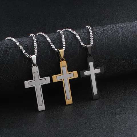 Two Tone Stainless Steel Cross Pendant Necklace Double Layered Titanium Steel Hip Hop Punk Jewelry For Men Unisex