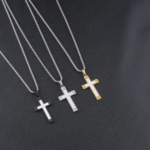 Two Tone Stainless Steel Cross Pendant Necklace Double Layered Titanium Steel Hip Hop Punk Jewelry For Men Unisex