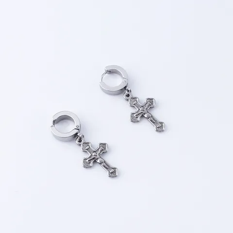 Stainless Steel Cross Dangle Clip On Hoop Earrings For Men Women No Piercing Ear Cartilage Gothic Religious Jewelry Single Piece