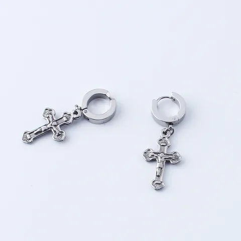 Stainless Steel Cross Dangle Clip On Hoop Earrings For Men Women No Piercing Ear Cartilage Gothic Religious Jewelry Single Piece
