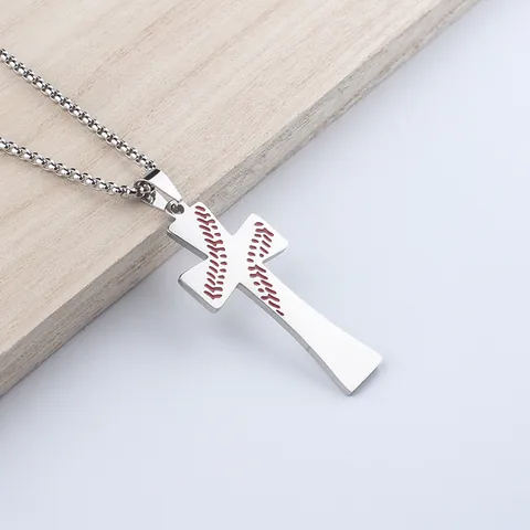 Baseballschnürung Kreuz Anhänger Halskette Edelstahl Sportlicher Stil Religiöser Schmuck Für Herren Damen Täglich Casual Halskette