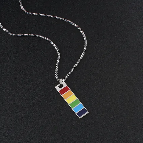 Stainless Steel Rainbow Rectangle Vertical Bar Pendant Necklace With Box Chain Hip Hop LGBTQ Pride Jewelry Gift For Men Women